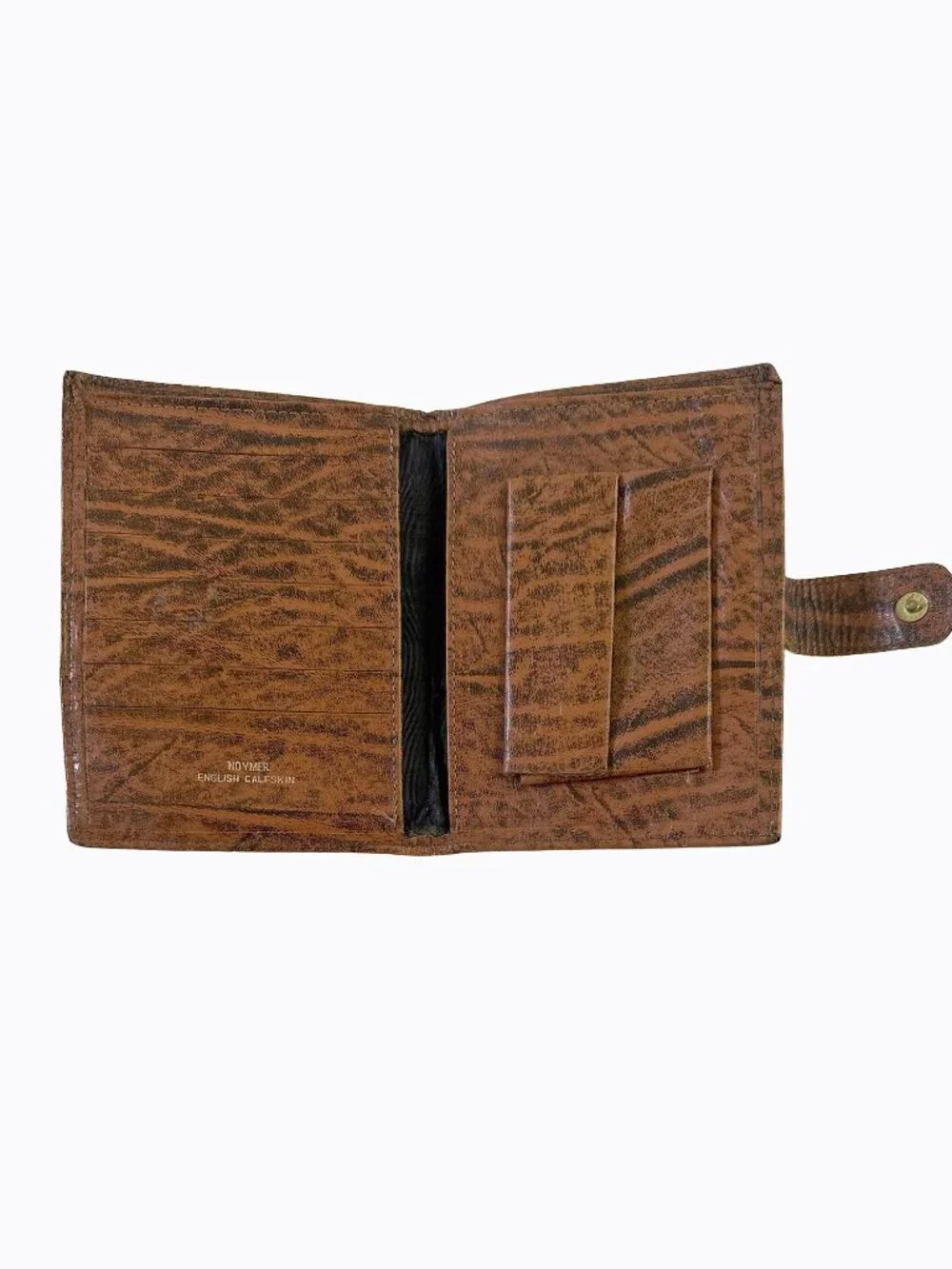 Vtg Noymer English Calfskin Leather Bifold Wallet Brown Brass Snap Coin Pocket